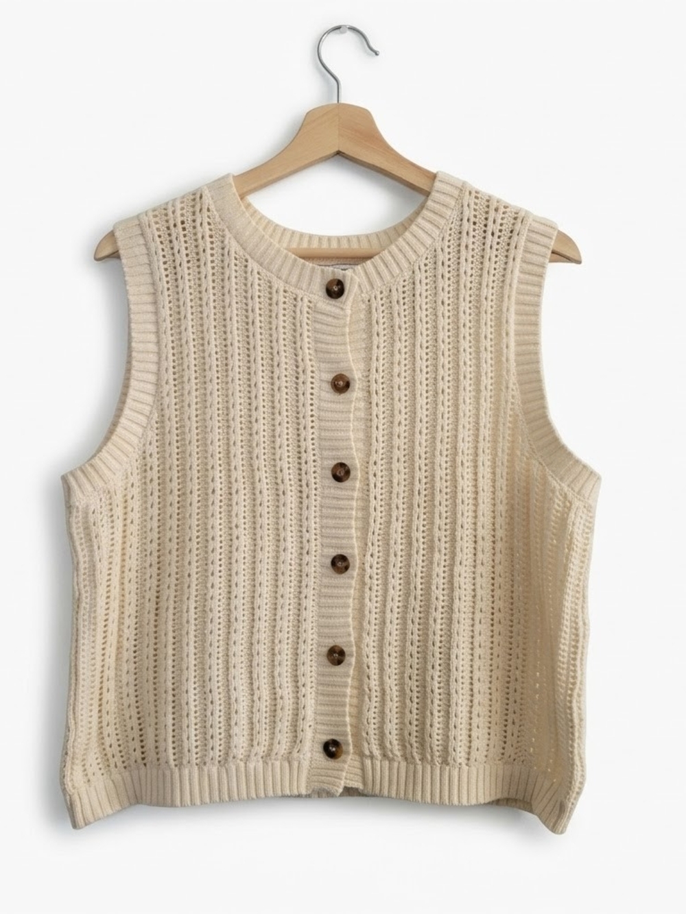 THE Workshop Sz L Cream Open Pointelle Knit Button-Front Vest 100% Cotton